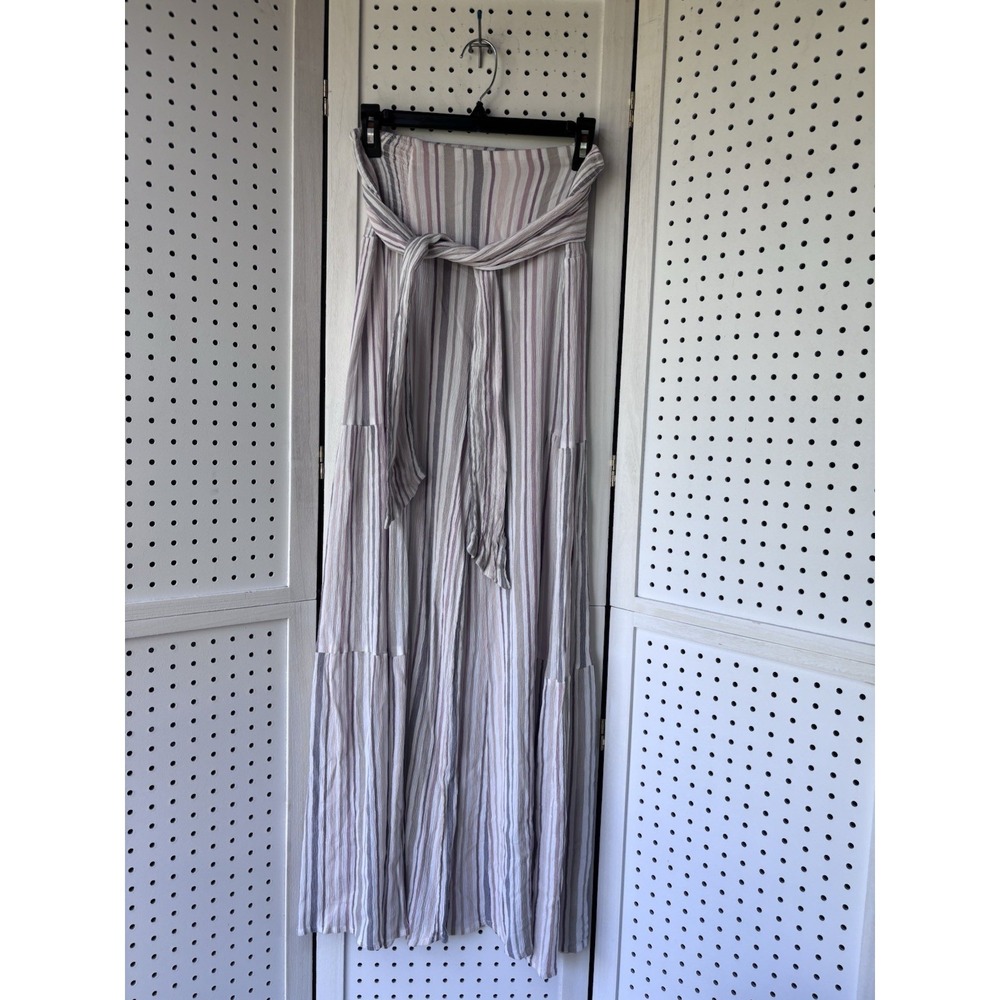 Olivaceous Women's Lg Wide Leg Belted Pants Stripe Boho Smocked Waist Pull On